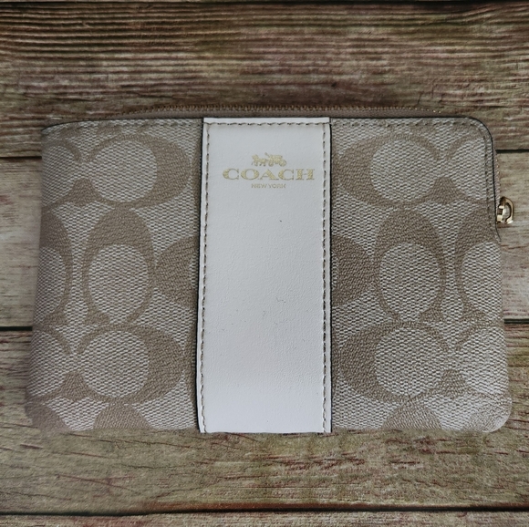 Coach Tan and White Signature Wristlet - Picture 1 of 3